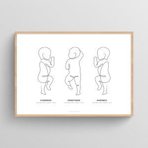 affiche naissance Mon trio de bébés au trait Blanc Typo Moderne 1