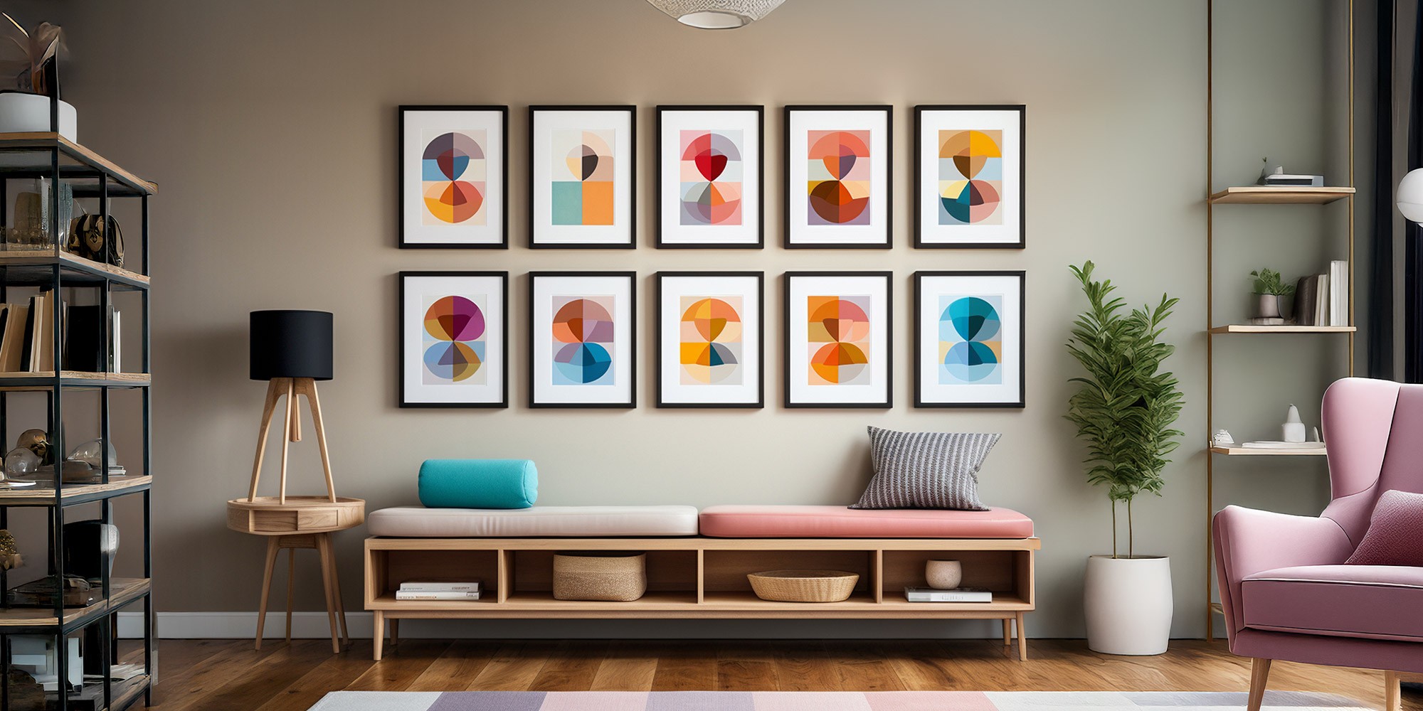Tableau design salon avec affiche graphisme et poster art abstrait